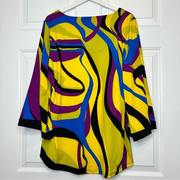 Ashley Stewart Top 3/4 Sleeve Yellow Purple Blue Abstract Plus Size 18 20 - Picture 2 of 4